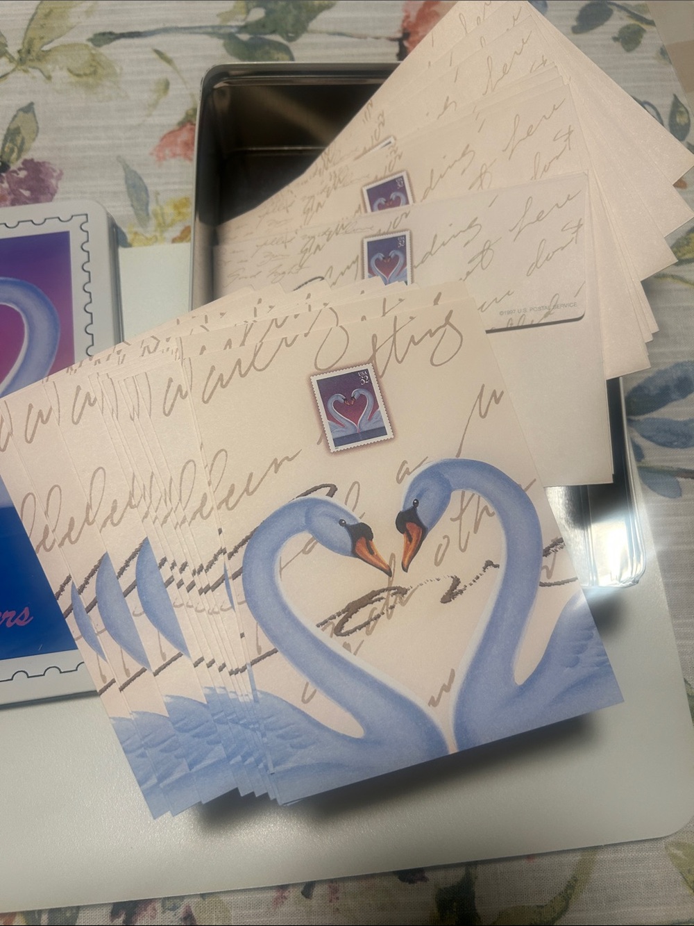 Love Letters Swan 12 Greeting Card Set - Pink, Purple, Blue NWOT Decorative Tin